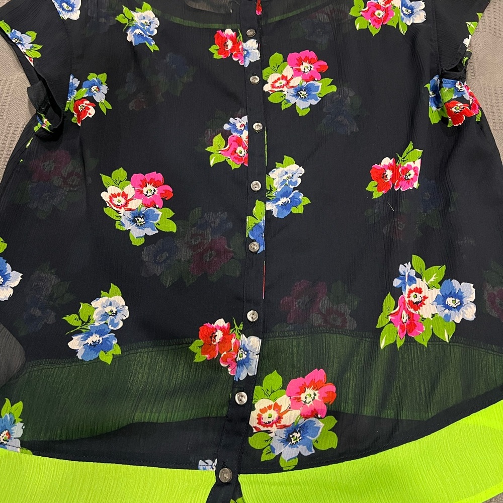 Hollister Deep Navy Blouse with Colorful Floral Design